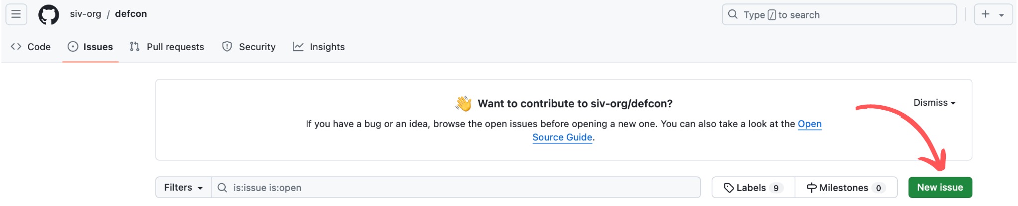 GitHub issues page for the siv-org/defcon repository, highlighting the 'New issue' button. An invitation banner encourages contributions to the project, with a link to the Open Source Guide.