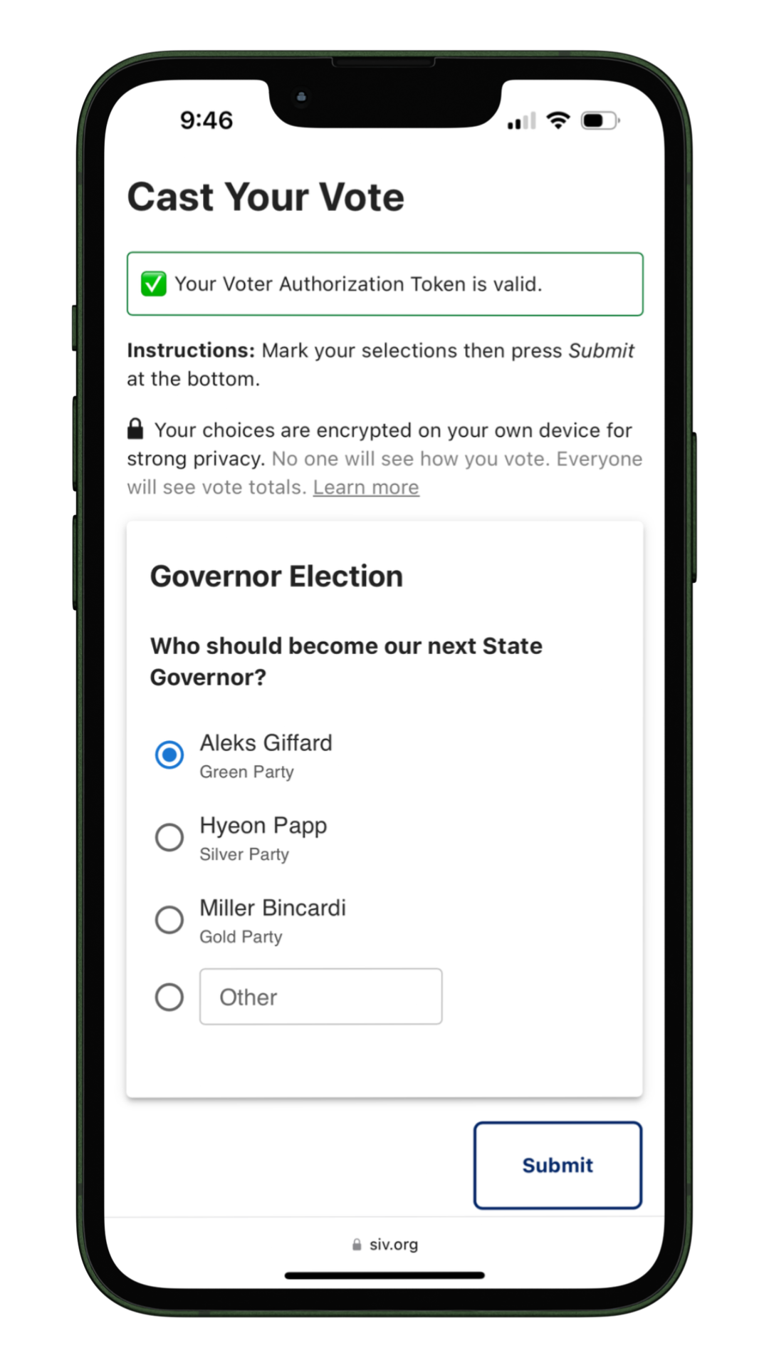 Mobile interface for casting a vote in the Governor Election. The screen displays a validation message for the Voter Authorization Token, instructions for secure voting, and options for candidates from different parties, with an option to submit the vote at the bottom.