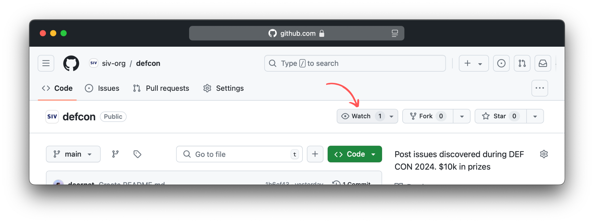 GitHub repository page for siv-org/defcon, showing the main interface with a focus on the 'Watch' button. An arrow points to the 'Watch' button, indicating where users can subscribe to receive notifications about the repository's updates.